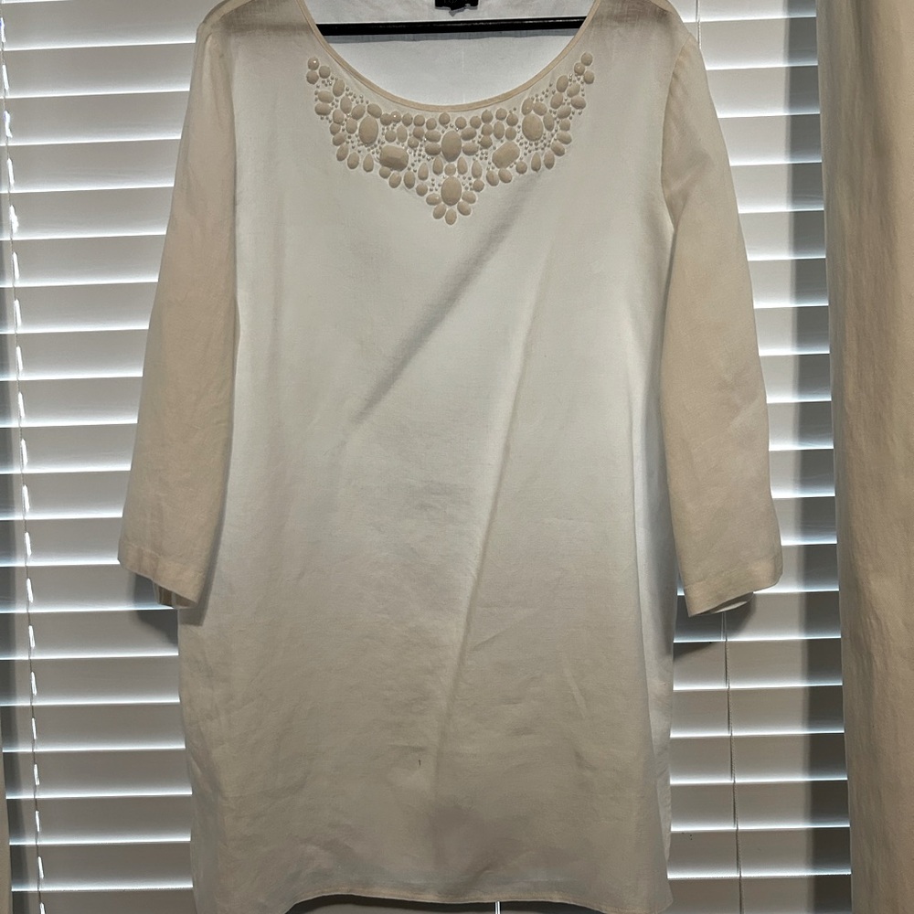Talbots White Linen Dress Beach Coverup Embellished Size M
